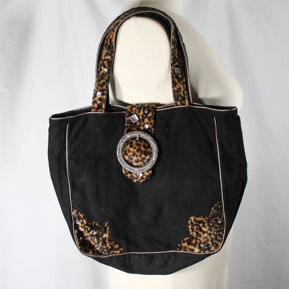 Vintage Y2K Leopard Animal Print and Black Faux Suede Back With XL Buckle Purse - Picture 1 of 5